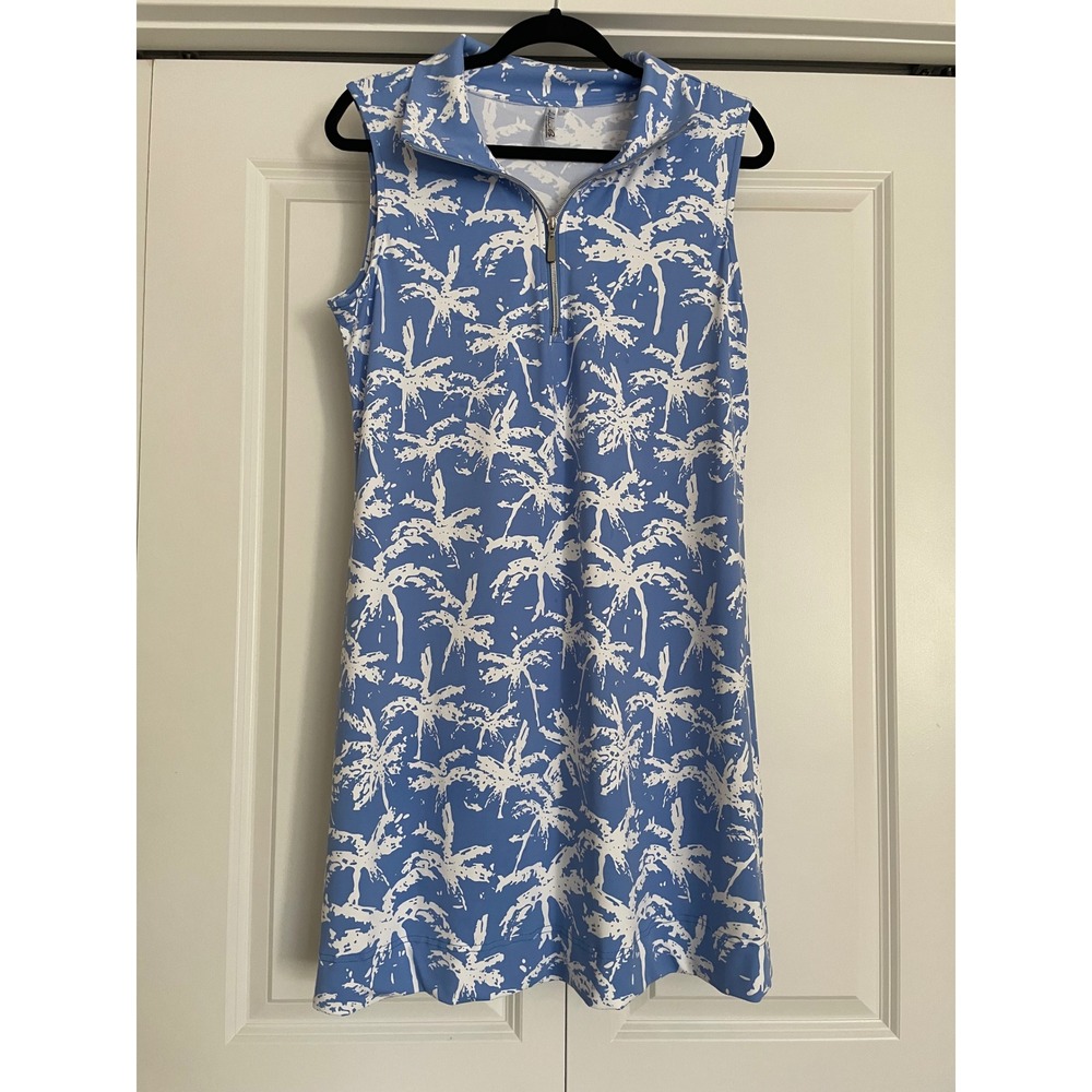 Lulu-B Dress Sleeveless Quarter Zip Palm Tree Print Golf UPF 50+ Blue Large